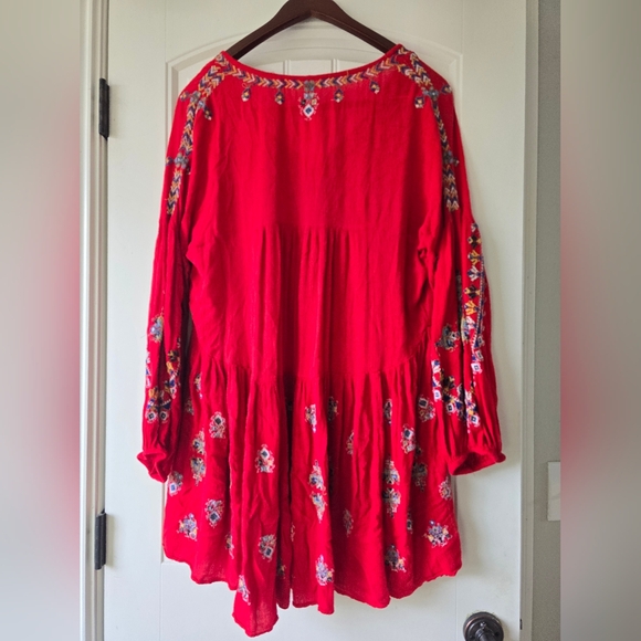 Free People Arianna Embroidered Tunic Red Boho Peasant Top Button Front Size L - Picture 6 of 14